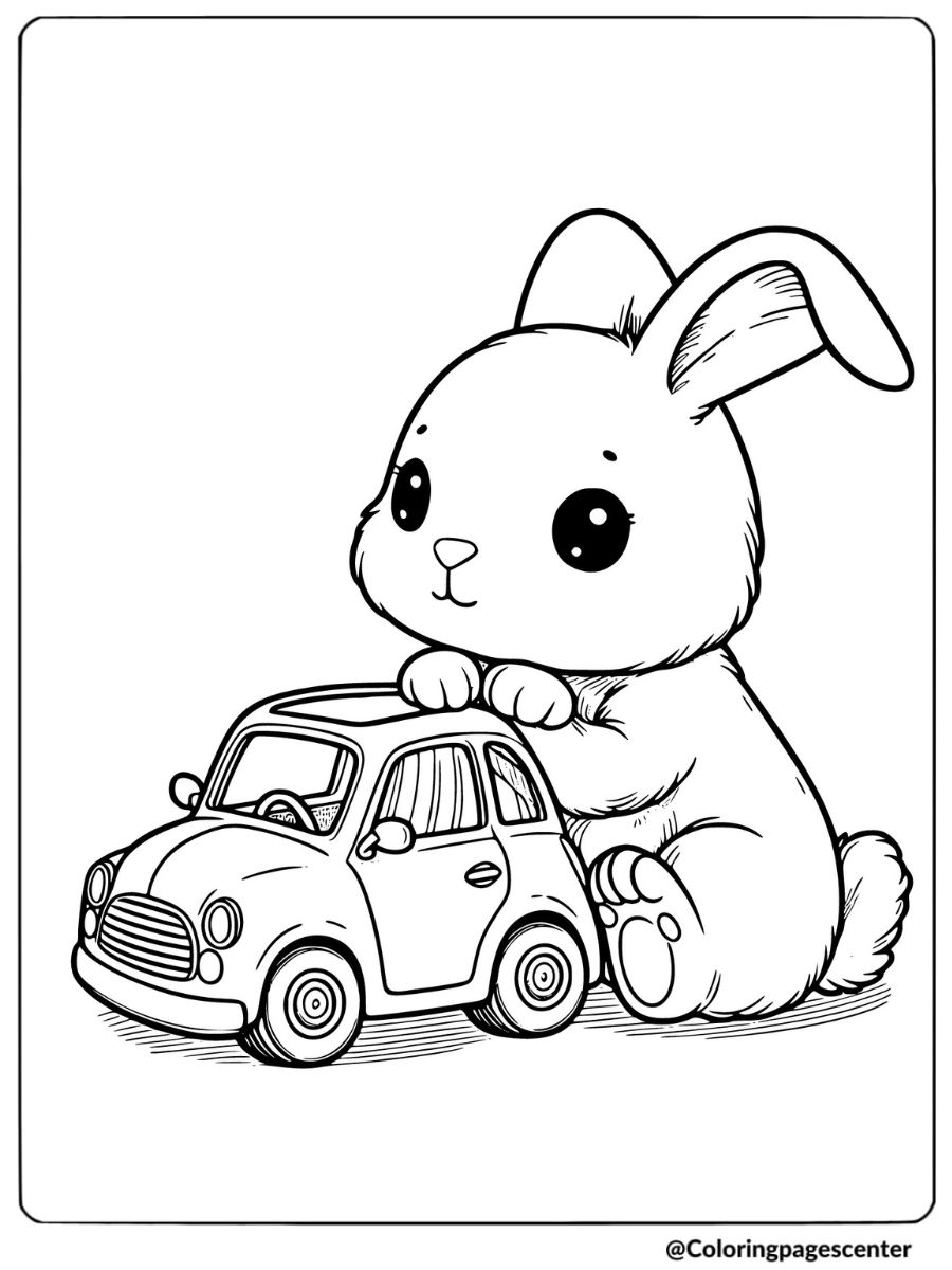 Rabbit playing with a toy car coloring page