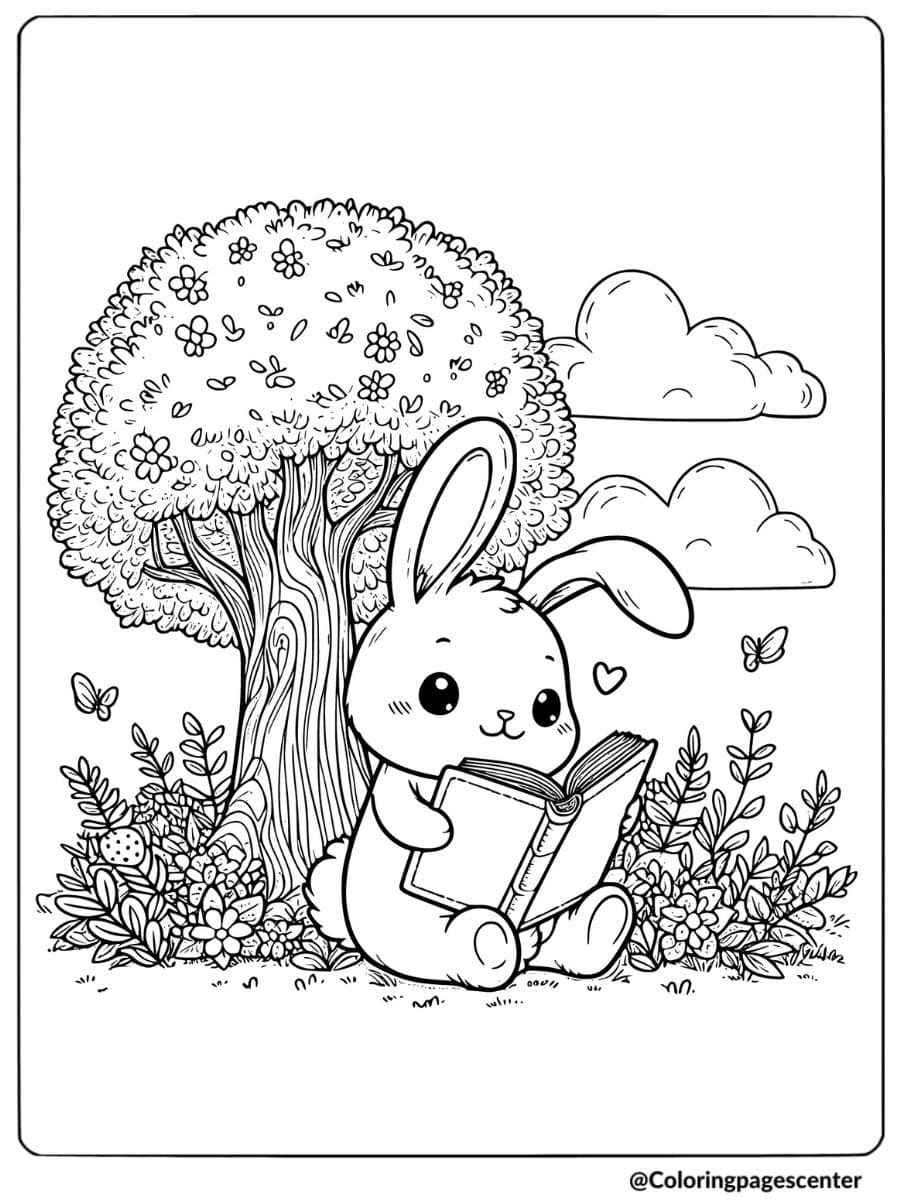 Rabbit reading a book under a tree coloring page