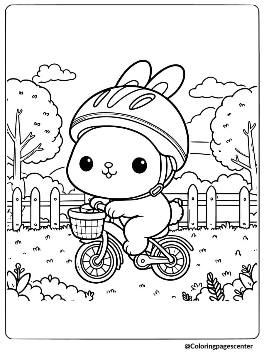 Playful bunny on a bike wearing a helmet coloring page