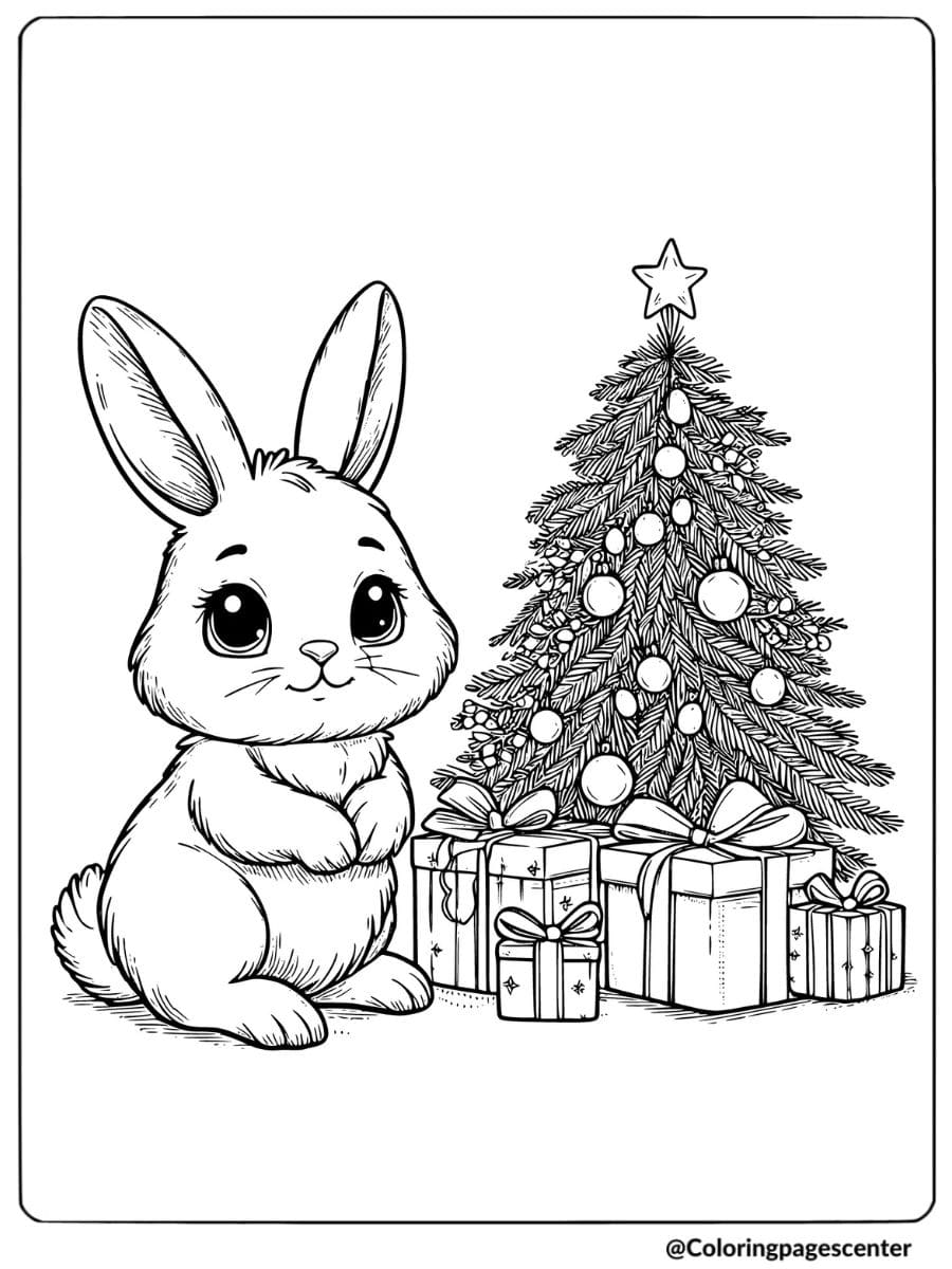 Rabbit by Christmas tree and presents coloring page