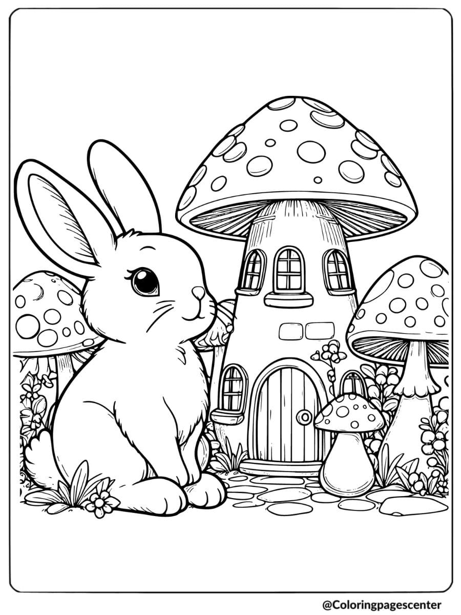 Rabbit beside a mushroom house coloring page