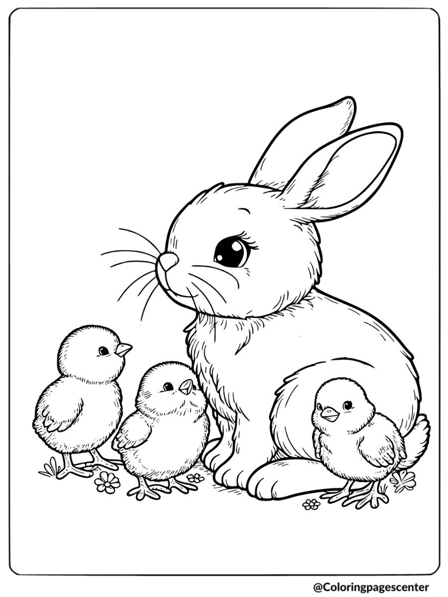 Rabbit with baby chicks coloring page