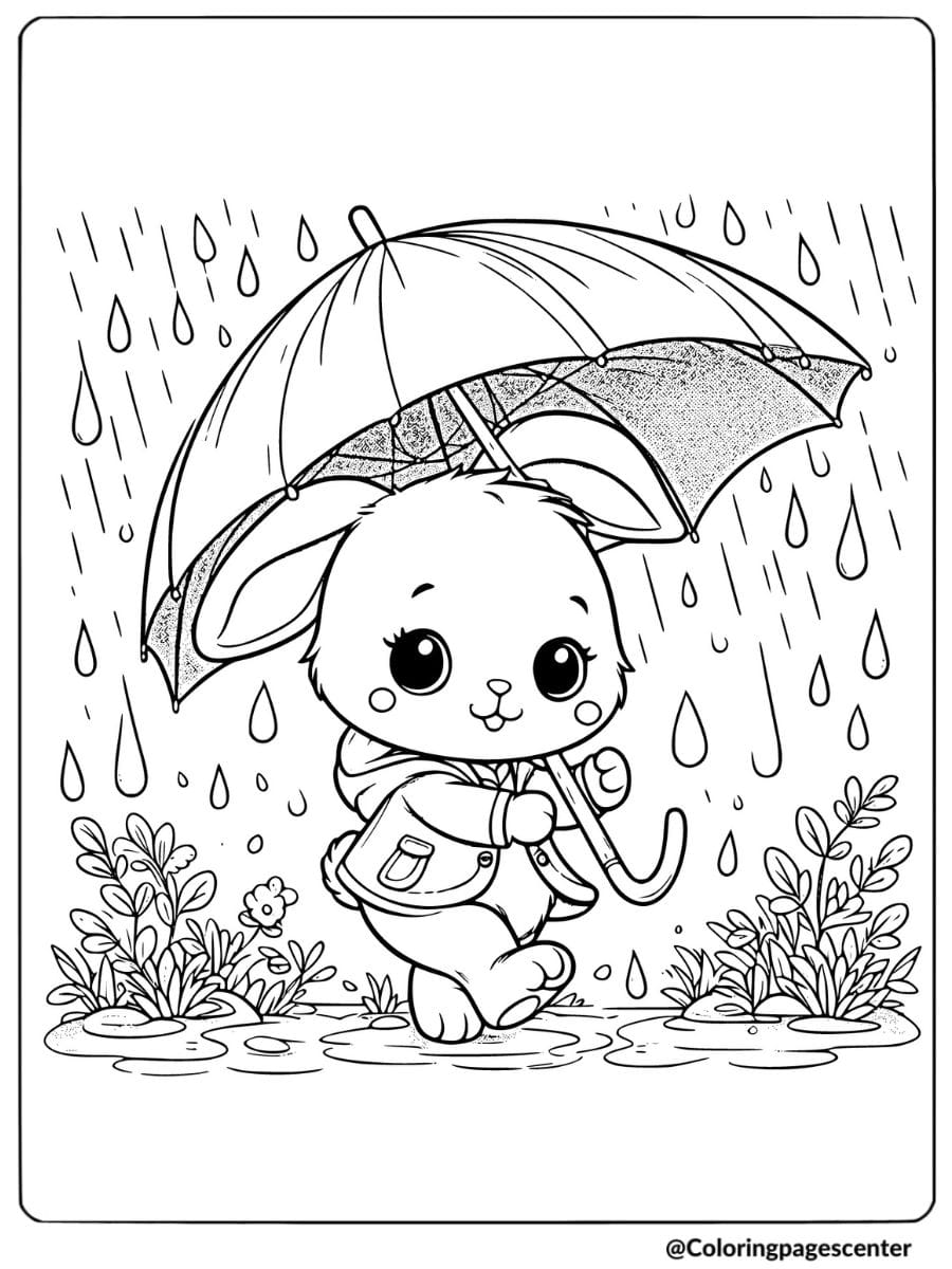 Rabbit with umbrella walking in rain coloring page