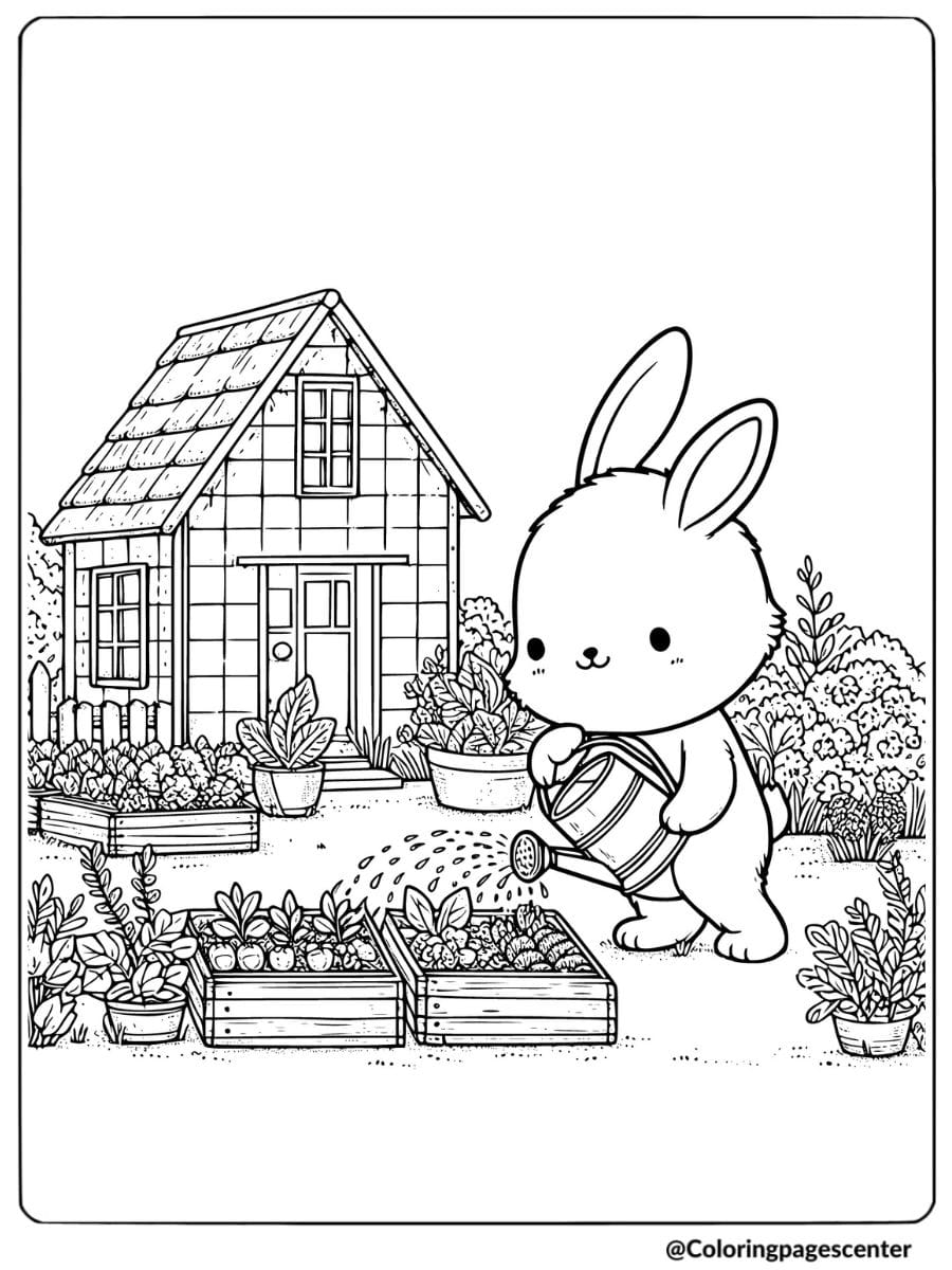 Rabbit watering plants in the garden coloring page