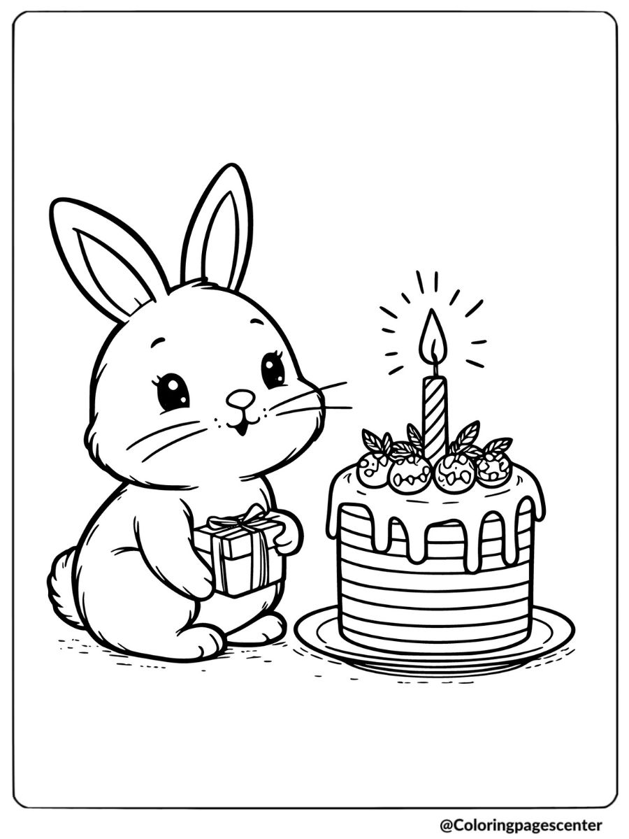 Rabbit celebrating birthday with cake coloring page