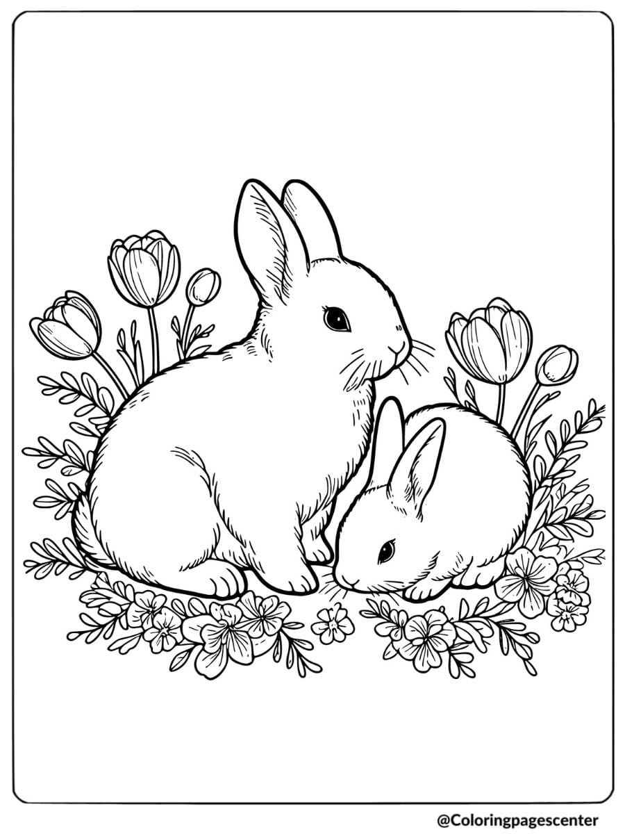 Bunny pair resting among flowers coloring page