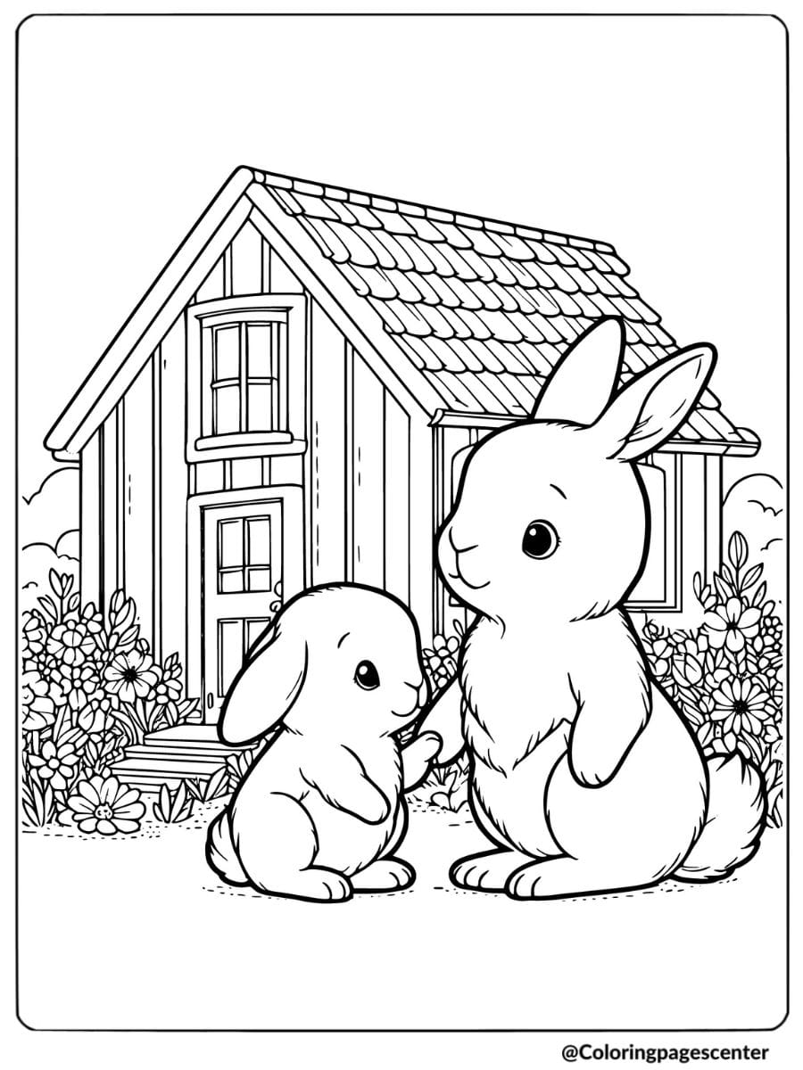 Two rabbits in front of house coloring page