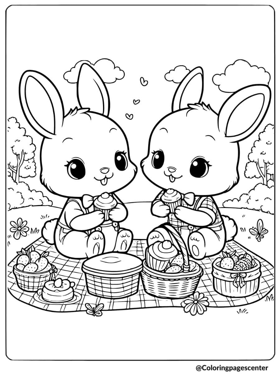 Two rabbits having a picnic with cupcakes coloring page