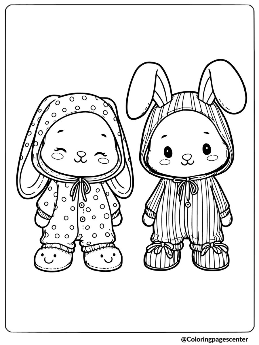 Two rabbits in onesies and slippers coloring page