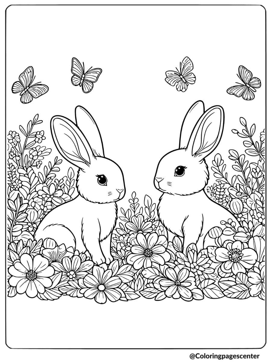 Two rabbits surrounded by flowers and butterflies coloring page