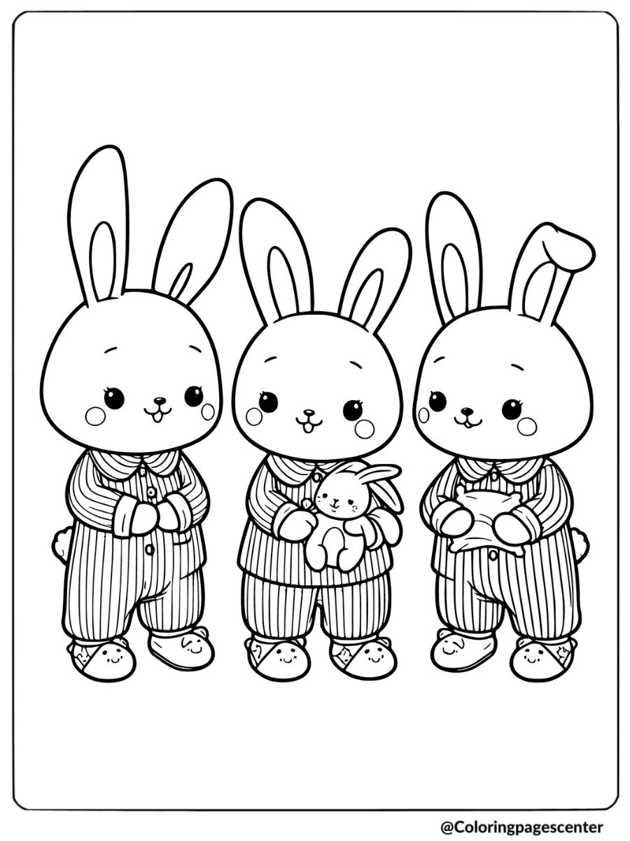 Three rabbits in pajamas standing together coloring page