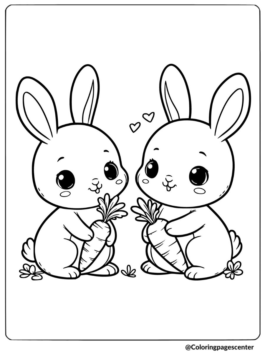 Two adorable rabbits holding carrots with hearts coloring page