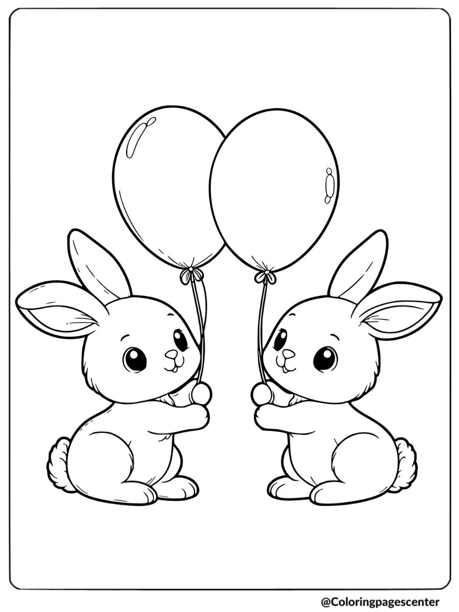 Two rabbits holding balloons in their paws coloring page