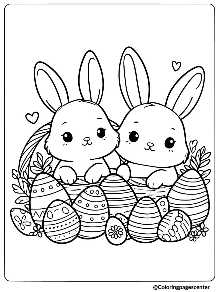 Two cute rabbits with decorated easter eggs coloring page