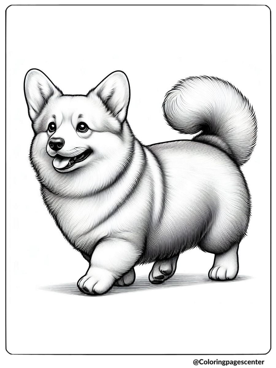 Realistic dog coloring page of a cheerful Corgi walking