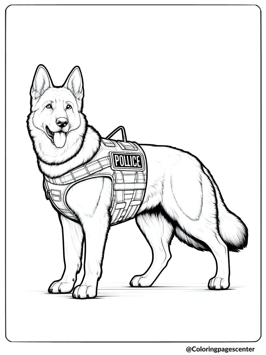 Realistic dog coloring page of a German Shepherd police standing alert