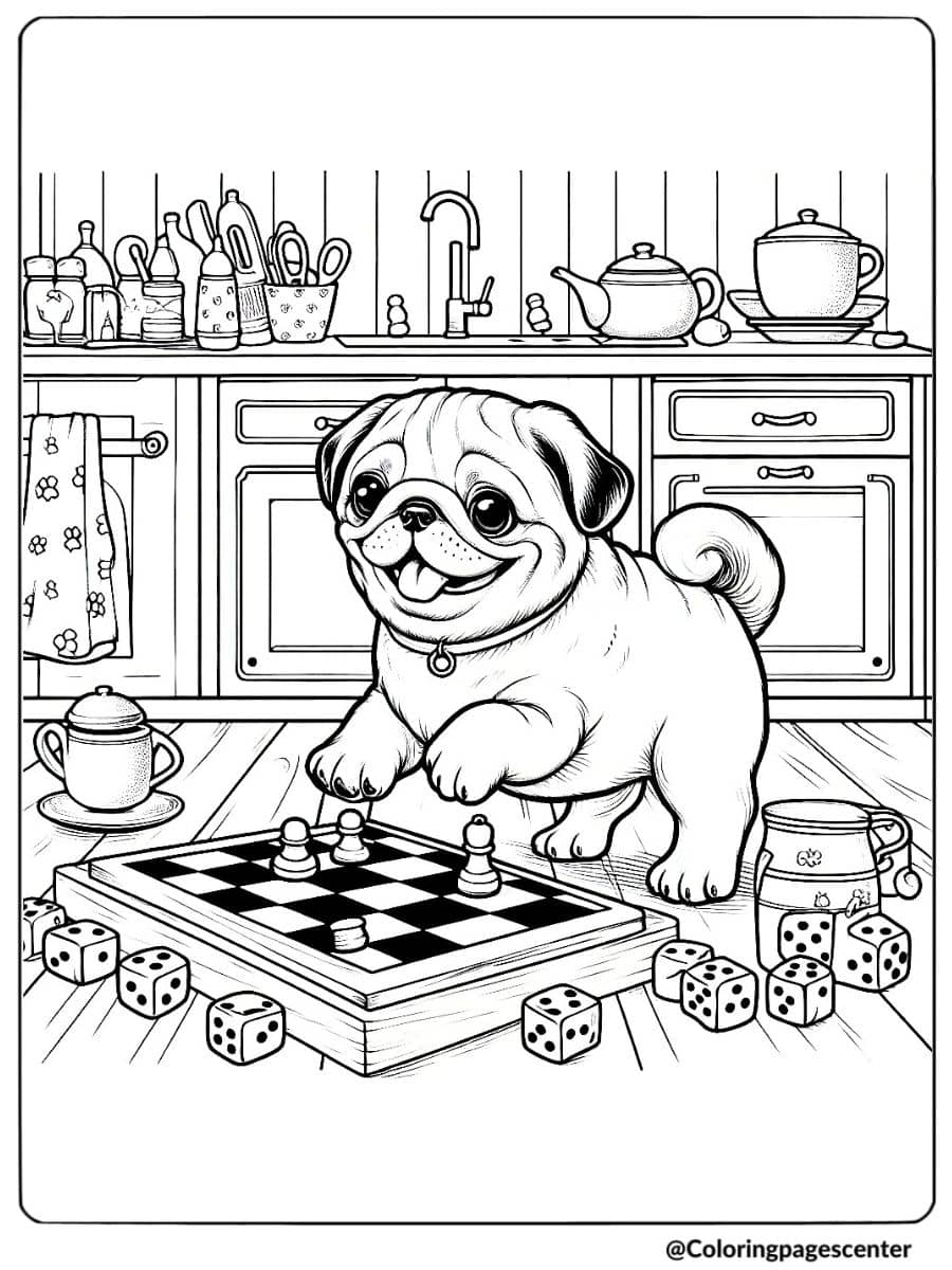 Realistic dog coloring page with a pug playing chess in a kitchen