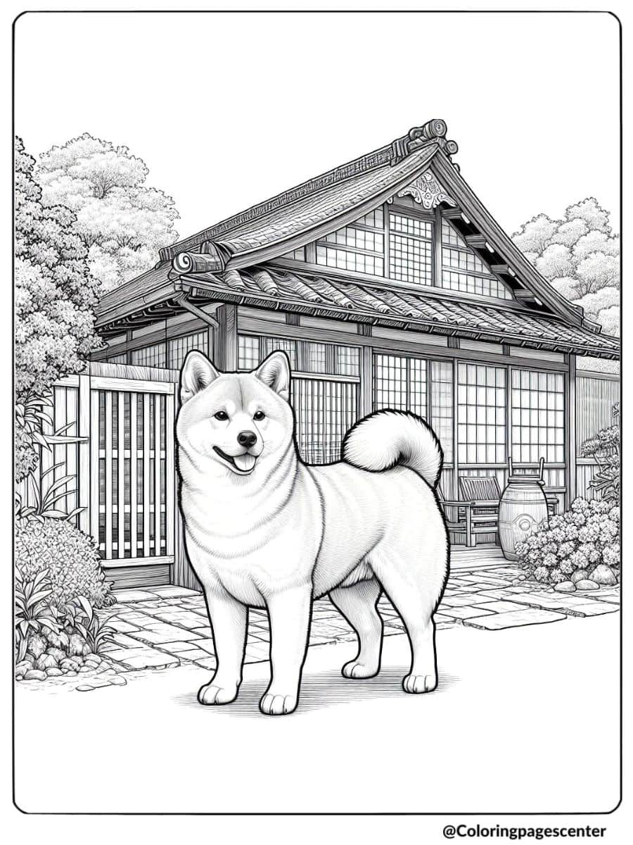 Realistic dog coloring page featuring a Shiba Inu in front of a traditional house