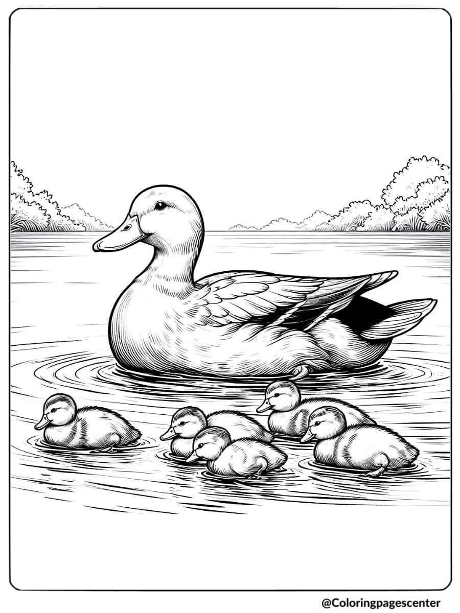 Coloring page of a realistic duck swimming with ducklings