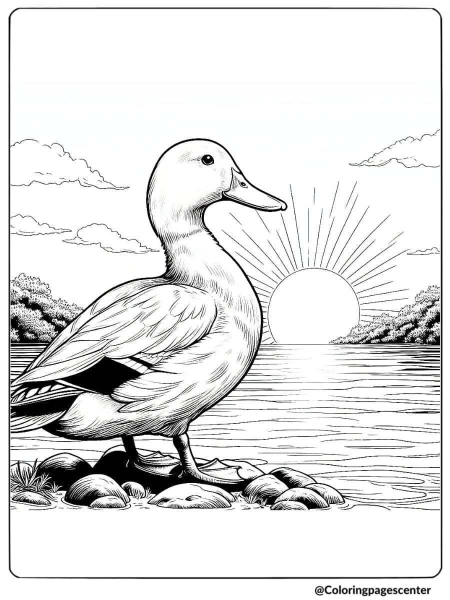 Coloring page of a realistic duck standing on rocks with sunset