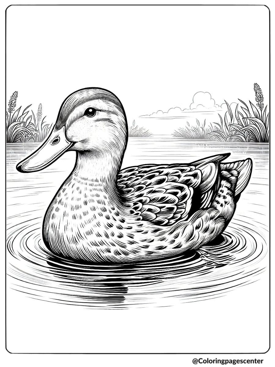 Coloring page of a realistic duck floating on a calm lake