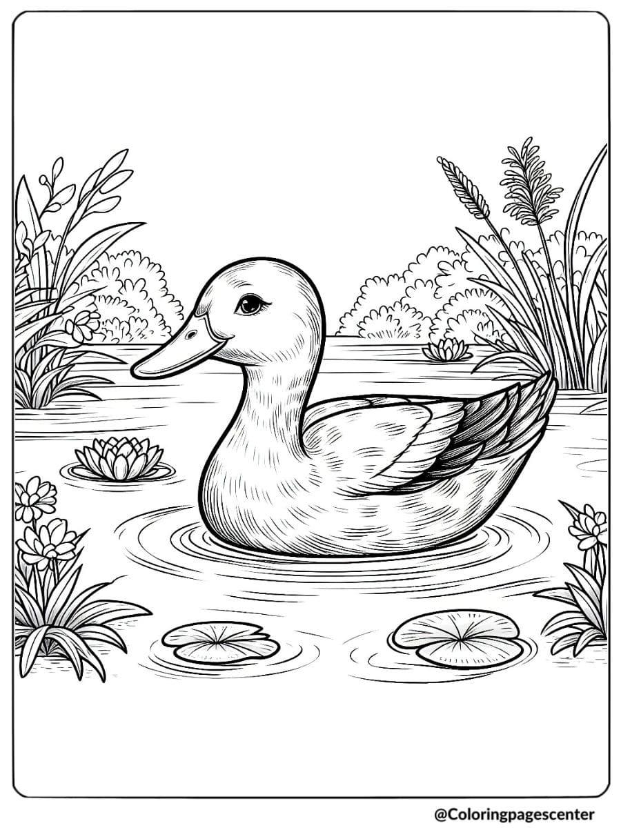 Coloring page of a realistic duck swimming in a pond