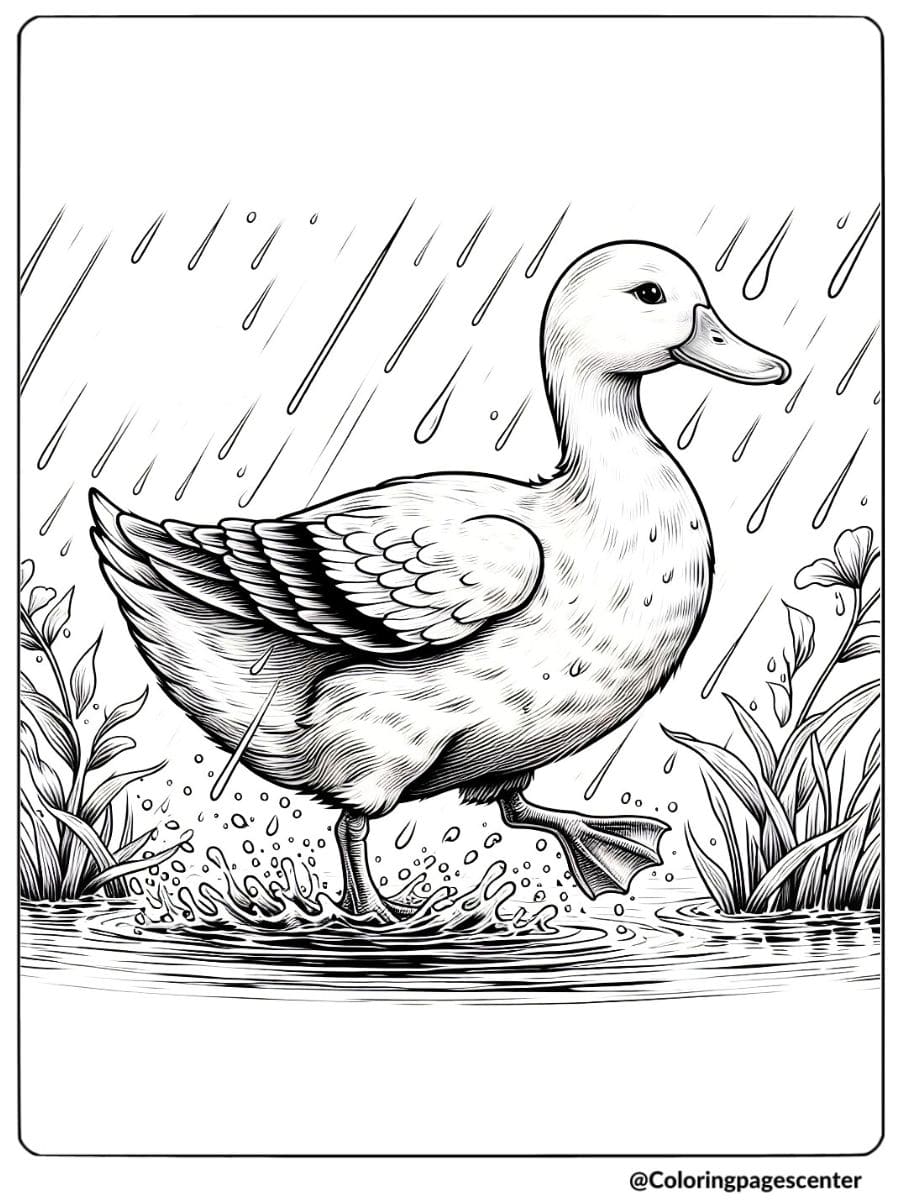 Coloring page of a realistic duck walking through rain