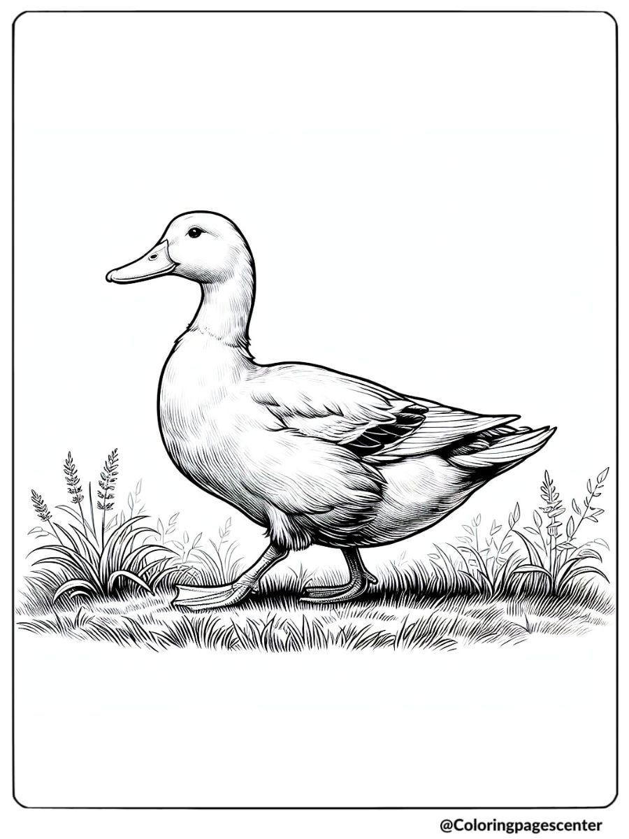 Coloring page of a realistic duck walking on grassy field