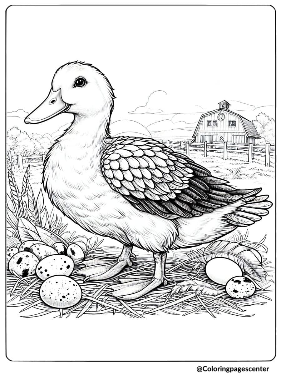 Coloring page of a realistic duck standing near eggs on farm