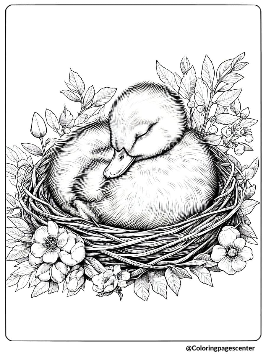 Coloring page of a realistic duckling sleeping in a nest