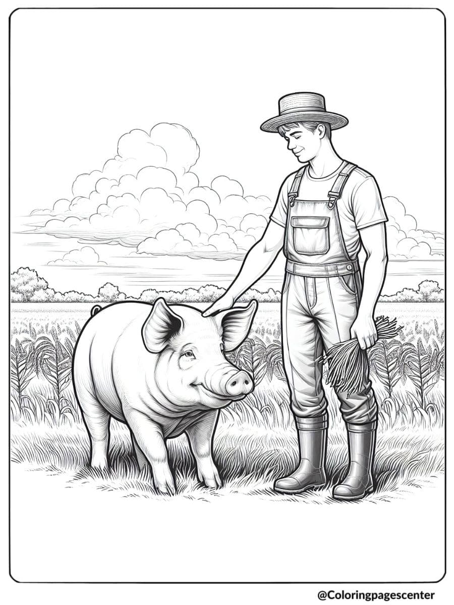 Realistic pig with a farmer in a cornfield coloring page