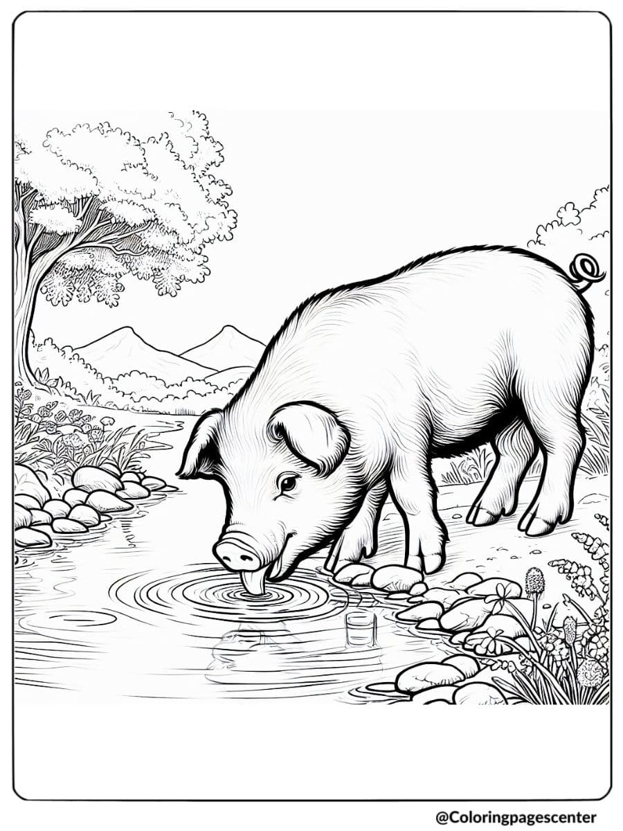 Realistic pig sipping water from a riverbank coloring page