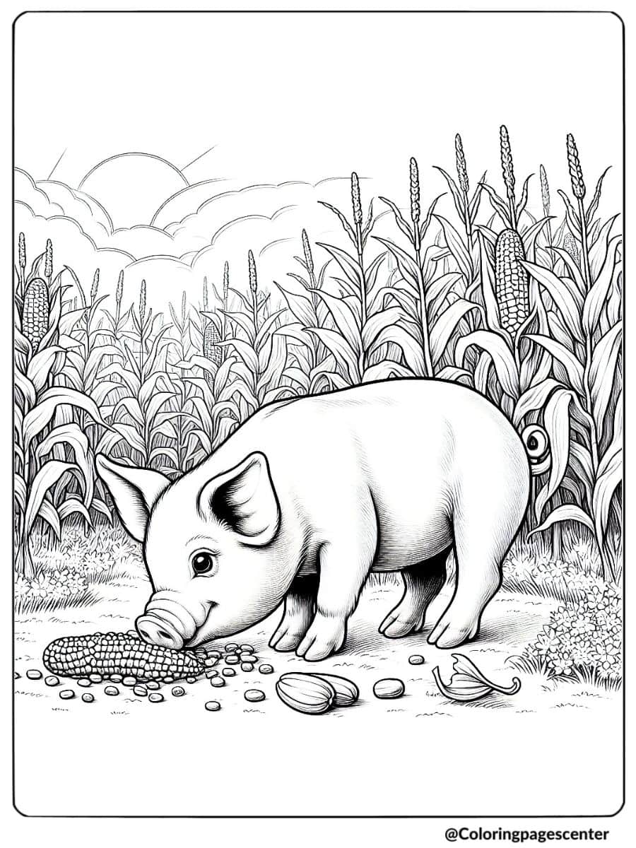 Realistic pig munching on corn near crops coloring page
