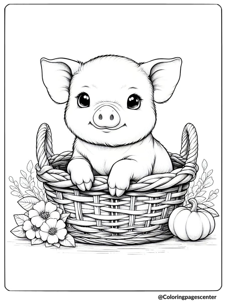 Realistic pig sitting in a basket with flowers coloring page