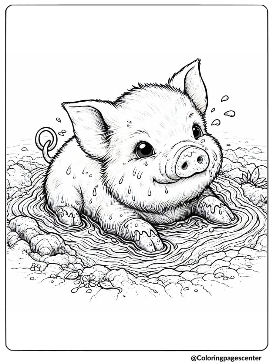 Realistic pig splashing in a muddy puddle coloring page