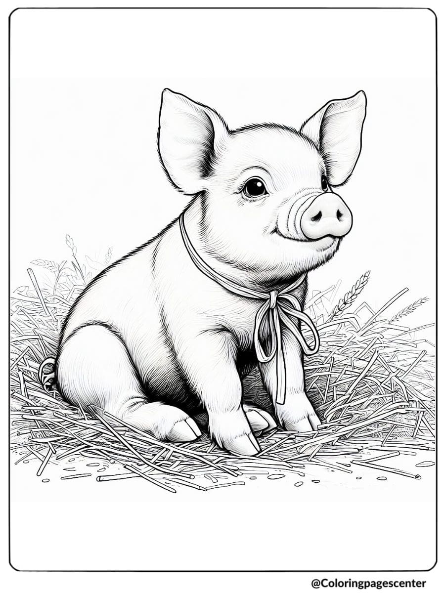 Realistic pig sitting on a pile of hay with a bow coloring page