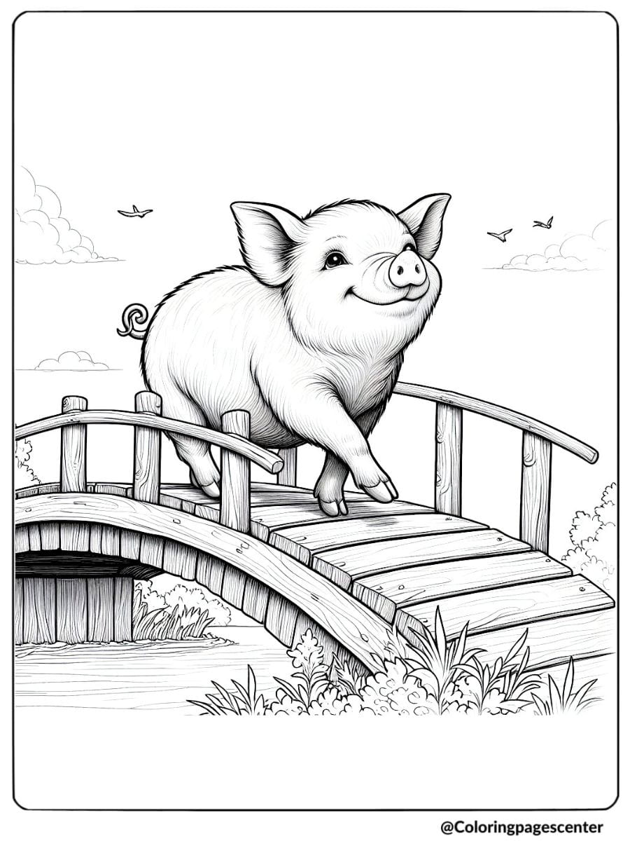 Realistic pig crossing a wooden bridge coloring page