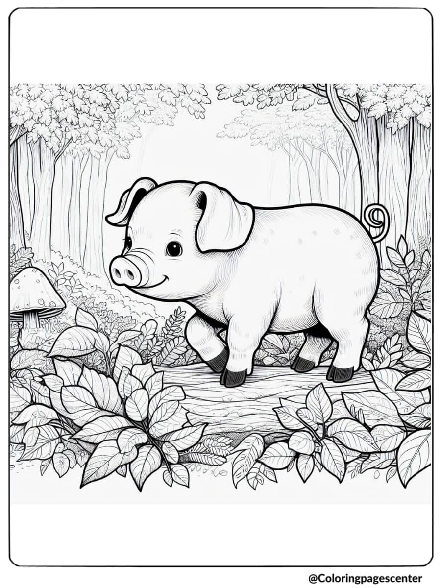 Realistic pig exploring a forest path coloring page