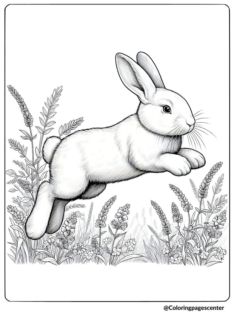 Realistic rabbit jumping through field coloring page