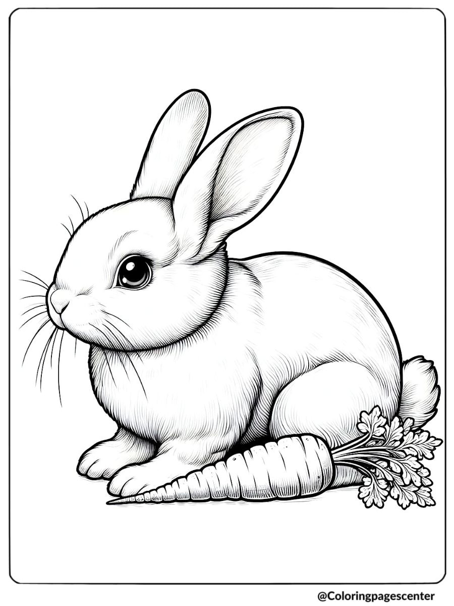 Realistic rabbit with carrot coloring page