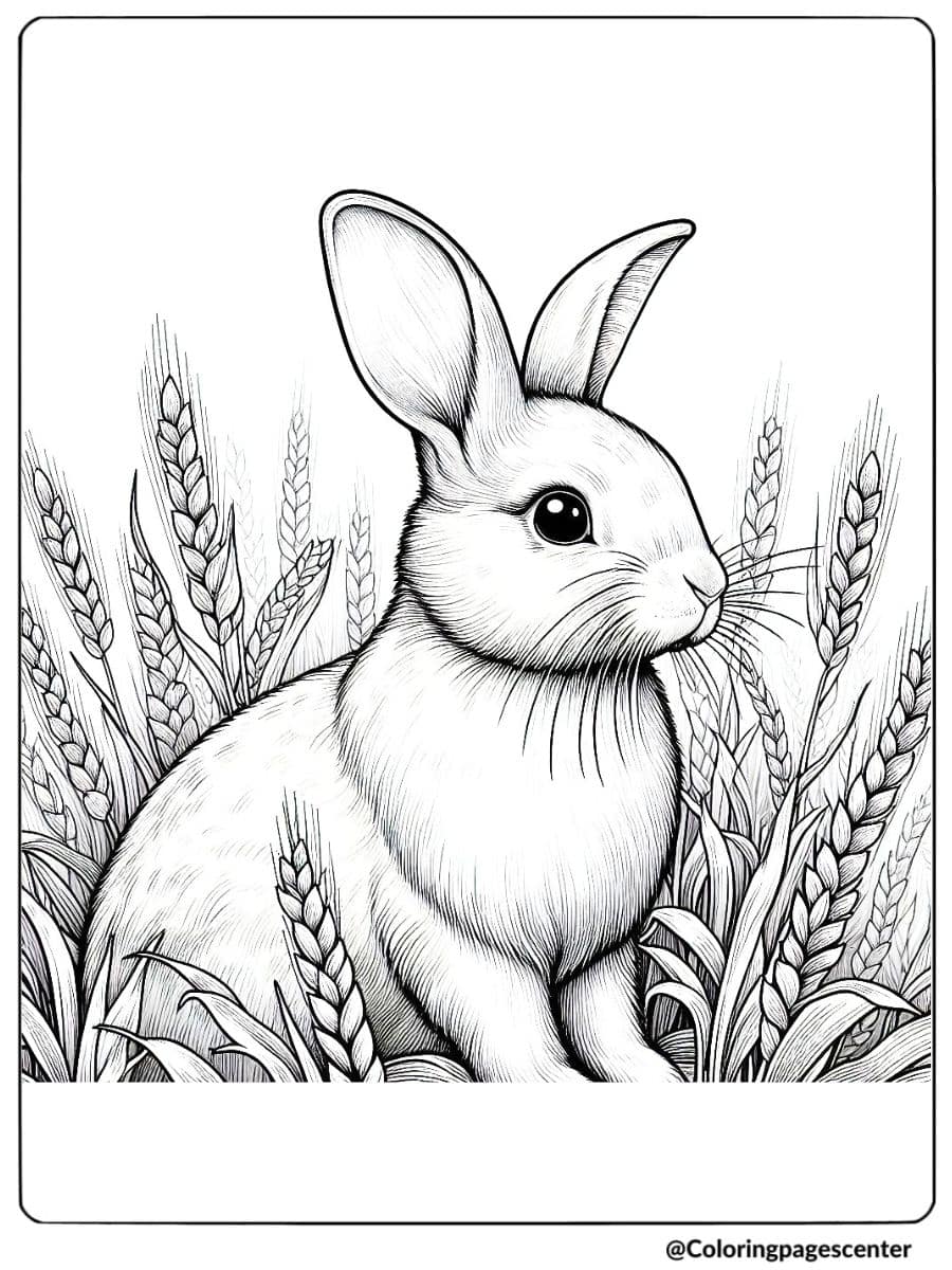 Realistic rabbit sitting in wheat field coloring page