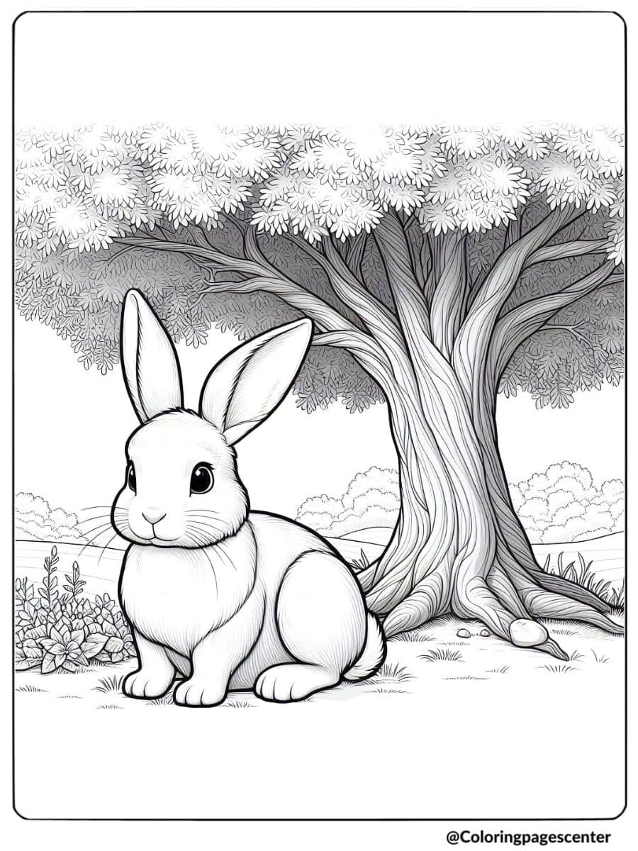 Realistic rabbit under a tree coloring page