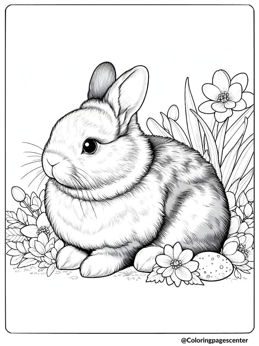 Realistic rabbit surrounded by flowers coloring page