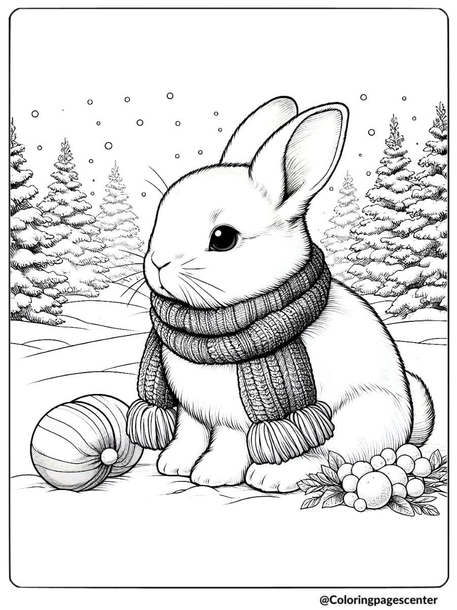 Realistic rabbit in scarf winter scene coloring page