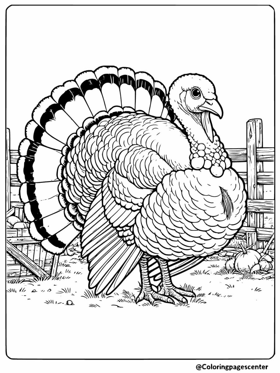 A realistic turkey in a farm setting coloring page