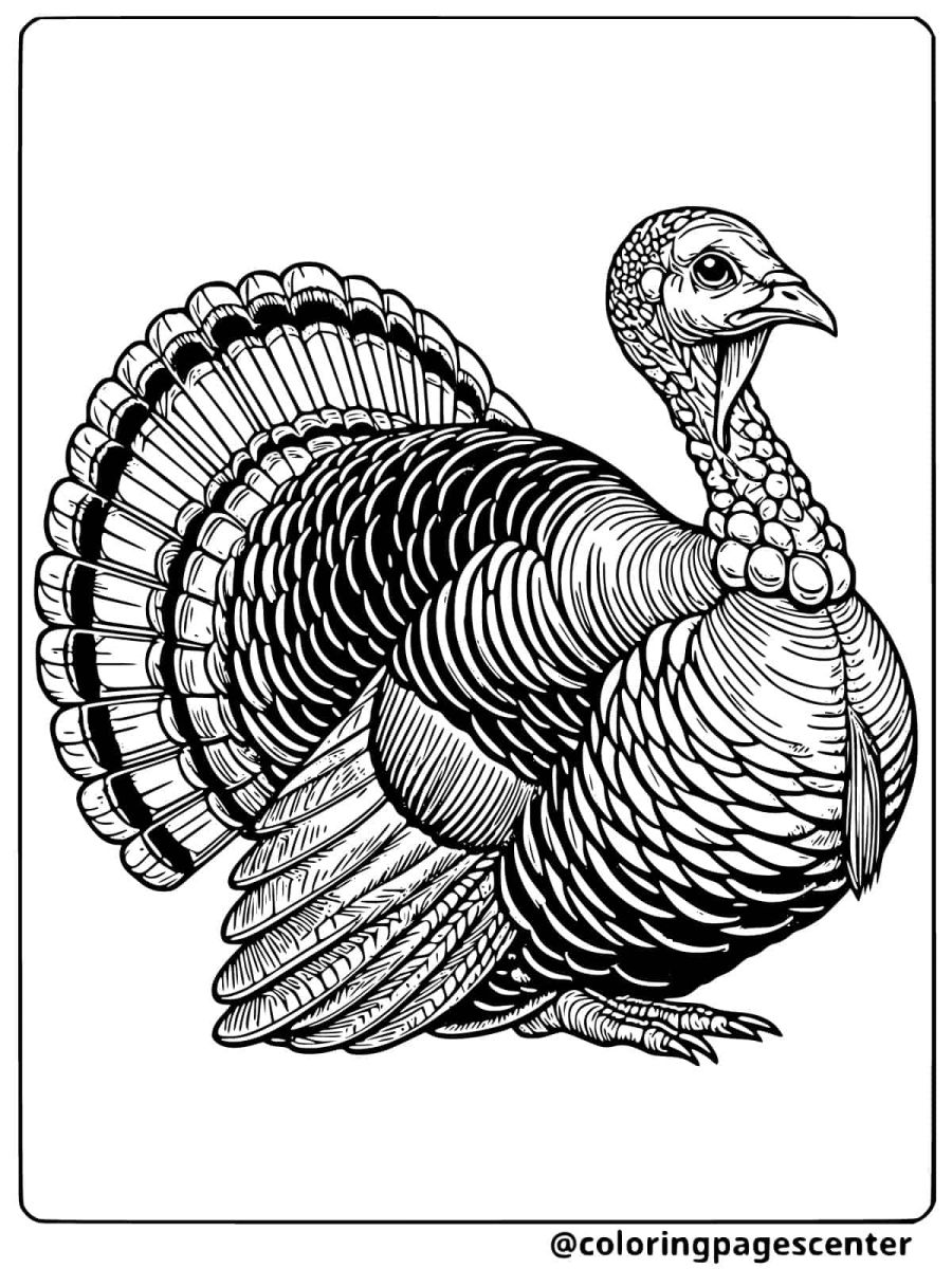 A close-up of a realistic turkey with detailed feathers coloring page