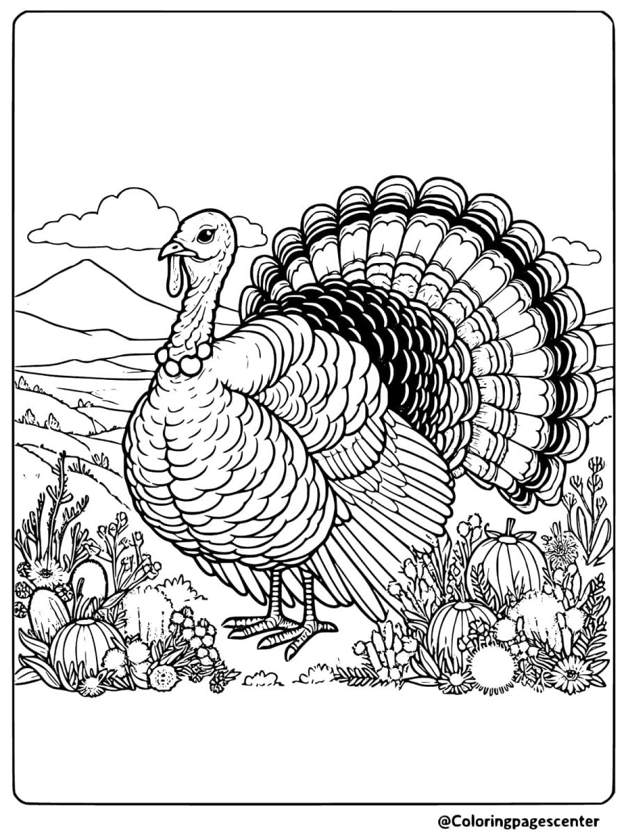 A realistic turkey in a detailed nature scene coloring page