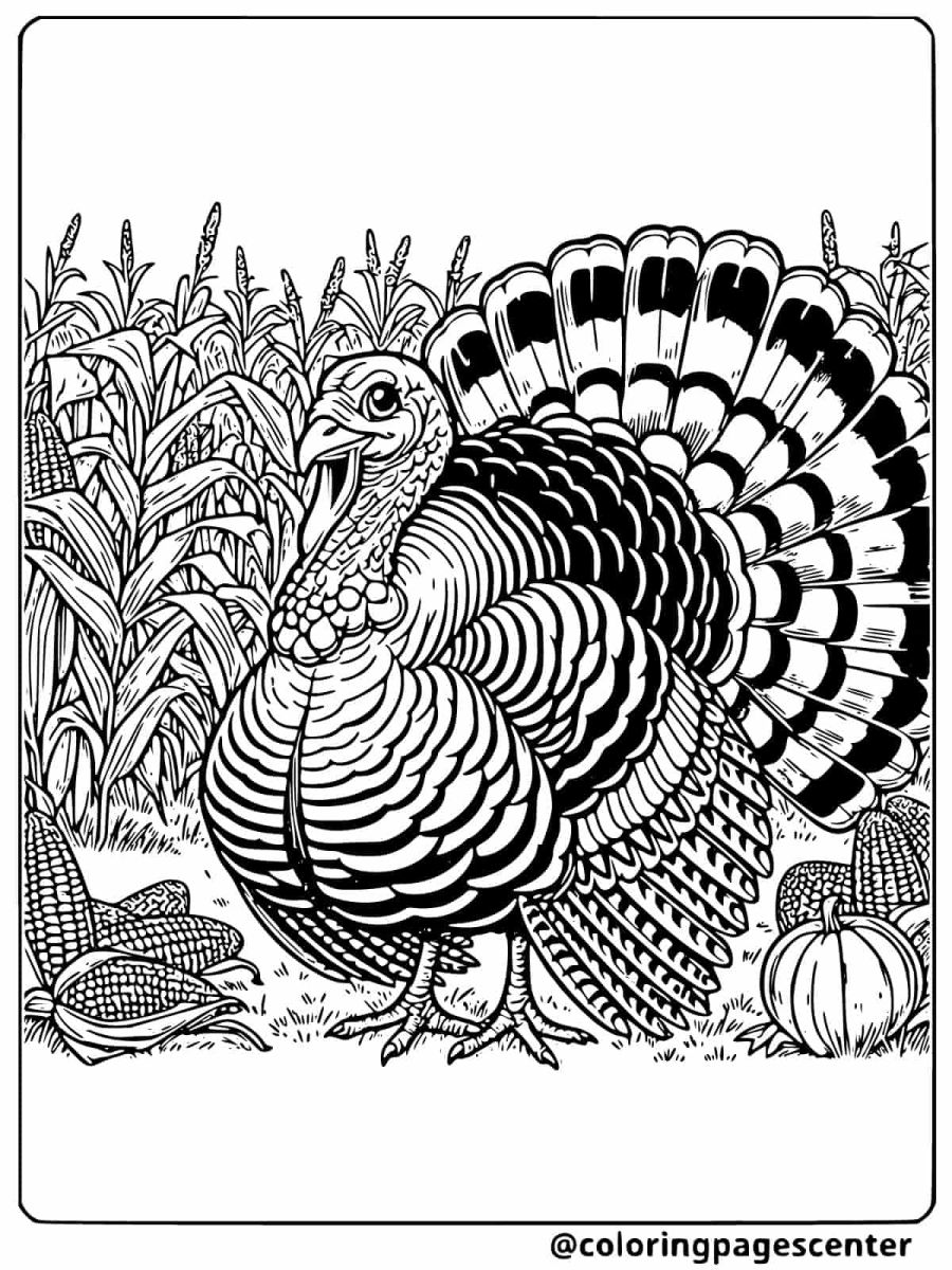 A realistic turkey surrounded by corn and pumpkins coloring page