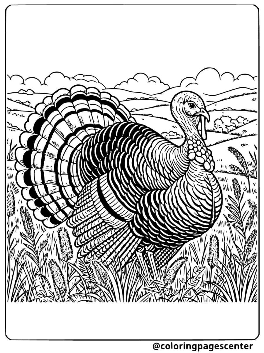 A realistic turkey standing in tall grass coloring page