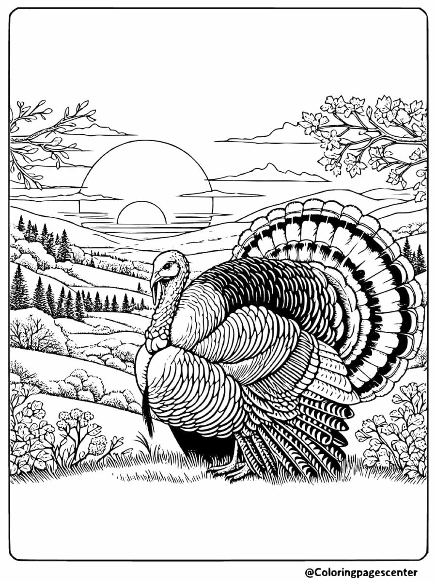 A realistic turkey with a sunset backdrop coloring page